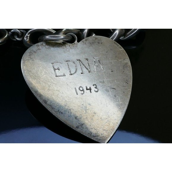 Big Link Sterling Silver Charm Bracelet Large Engraved HSB Heart Charm Edna 1943 - Picture 2 of 7